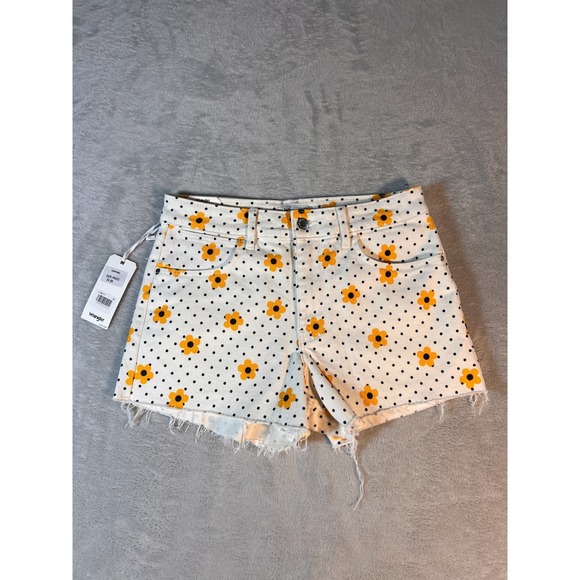 Wrangler Pants - Wrangler White Floral Polka Dot Printed Jean Shorts Yellow Flowers Size 26